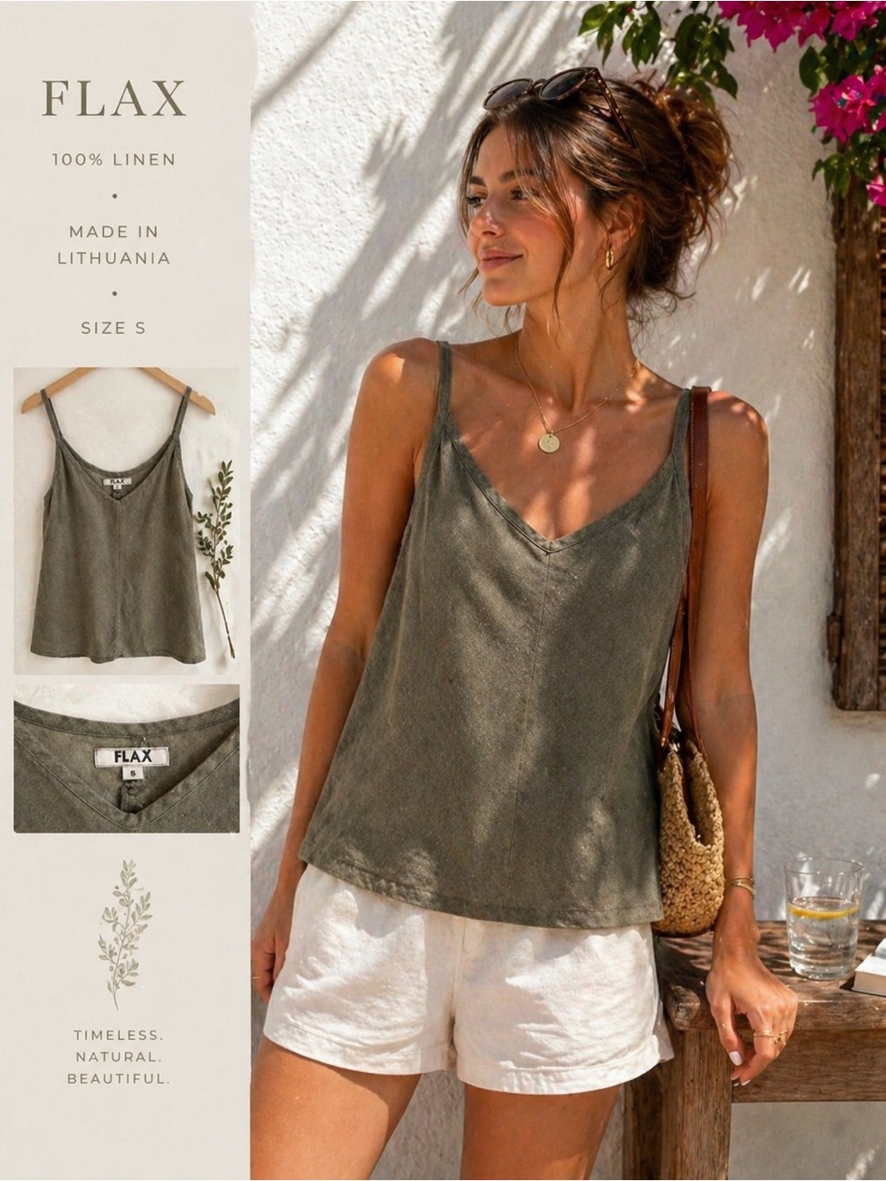 FLAX Olive Green Linen V-Neck Camisole